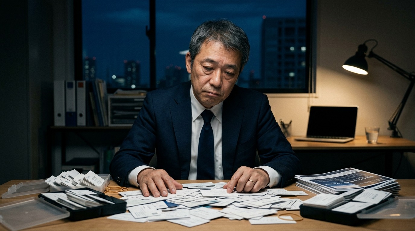 交流会で名刺は増えても契約につながらず成果に悩む経営者のイメージ