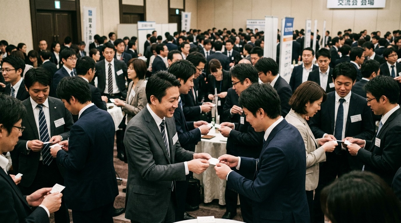 交流会で経営者たちが名刺交換をしながらリアルに顧客の反応を確かめている様子